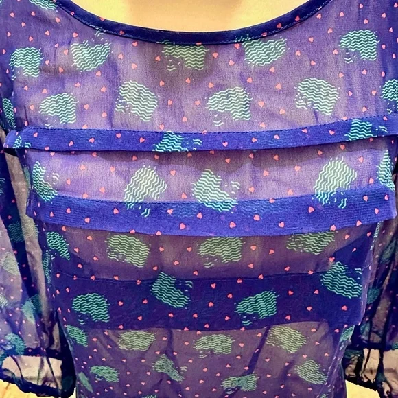 Hello Kitty Sheer Cobalt Blue Ruffle Blouse Women's L, Fits Like M, Pink‎ Hearts - Picture 3 of 10